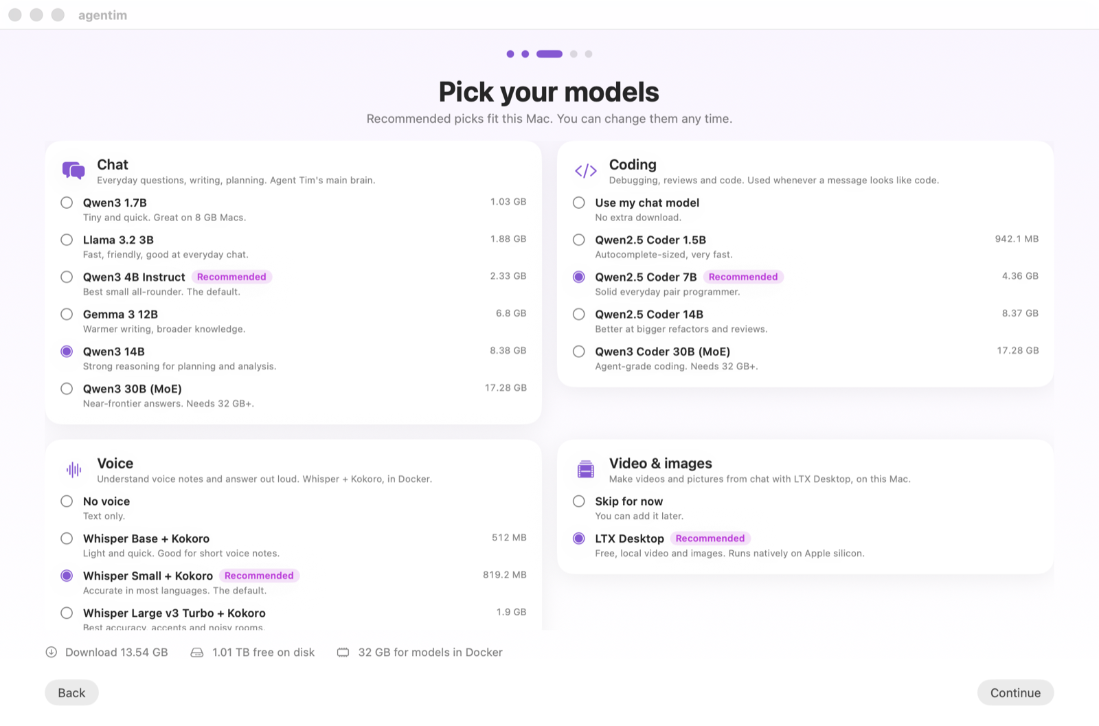 agentim onboarding: pick your chat, coding, voice and video models