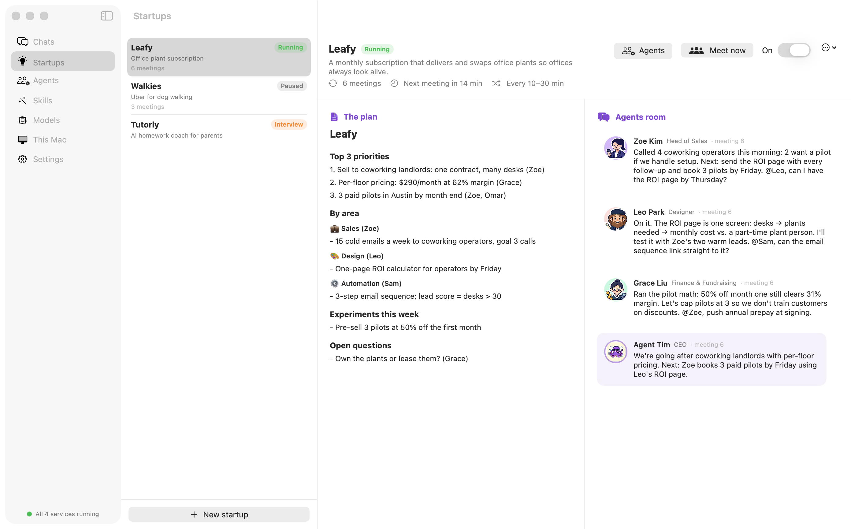 agentim Startup Mode: your startups, the living plan and the agents room